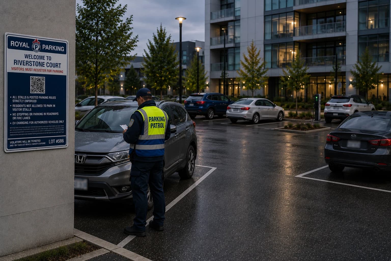 Royal Parking officer patrolling a residential property at dusk