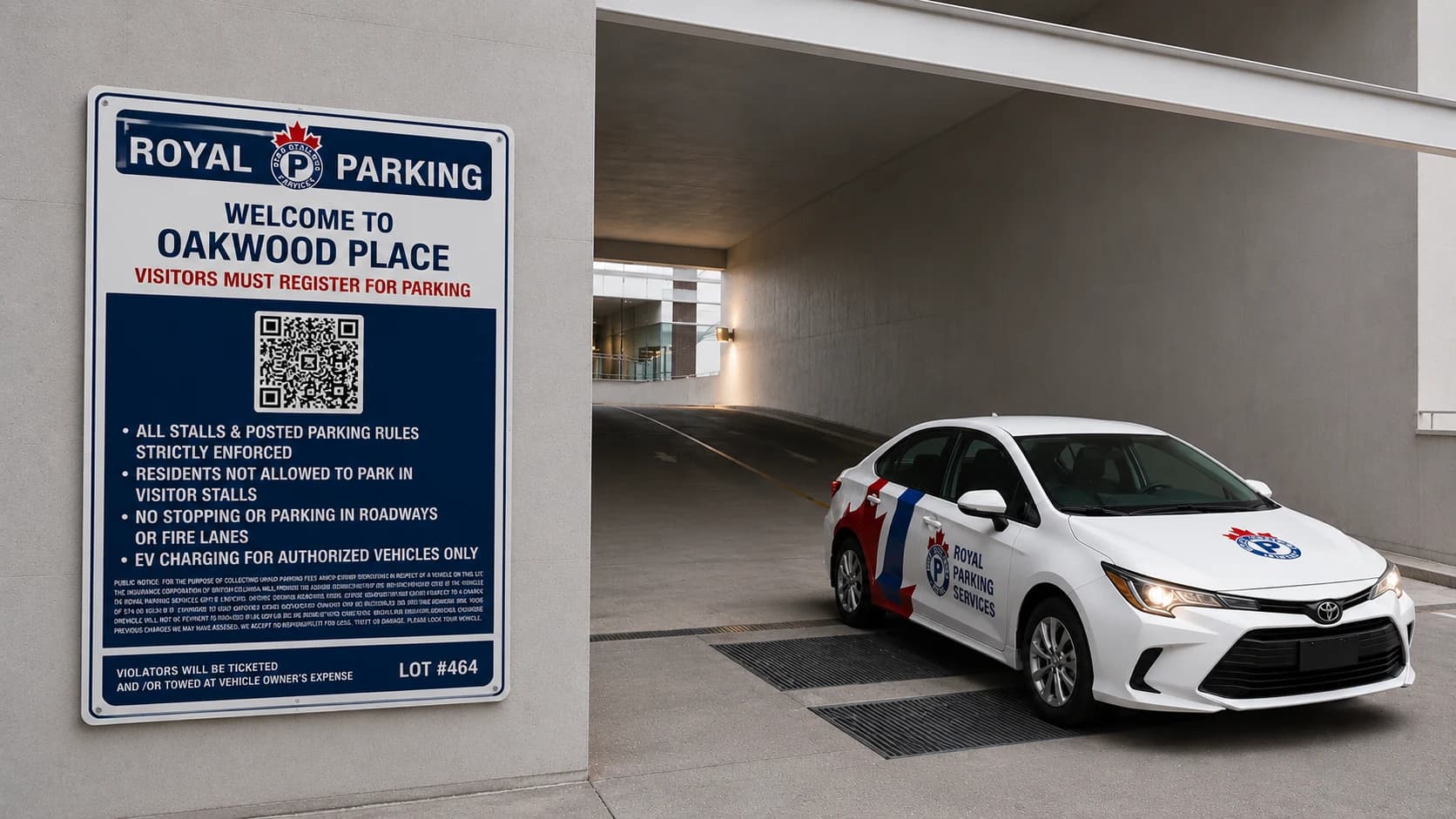 Royal Parking residential signage with a marked authorized-parking lot