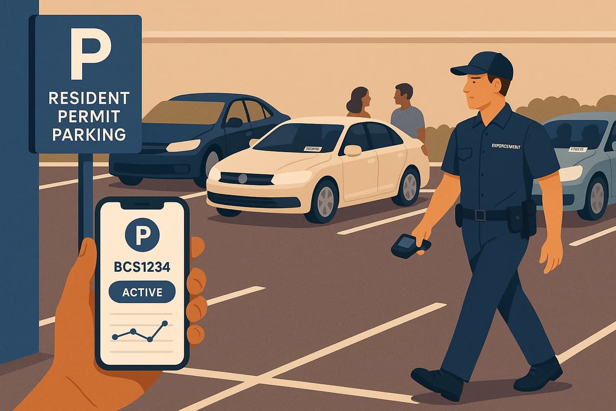 An enforcement officer patrolling a well-organized parking lot in BC, highlighting clear signage and digital registration tools for effective parking management.