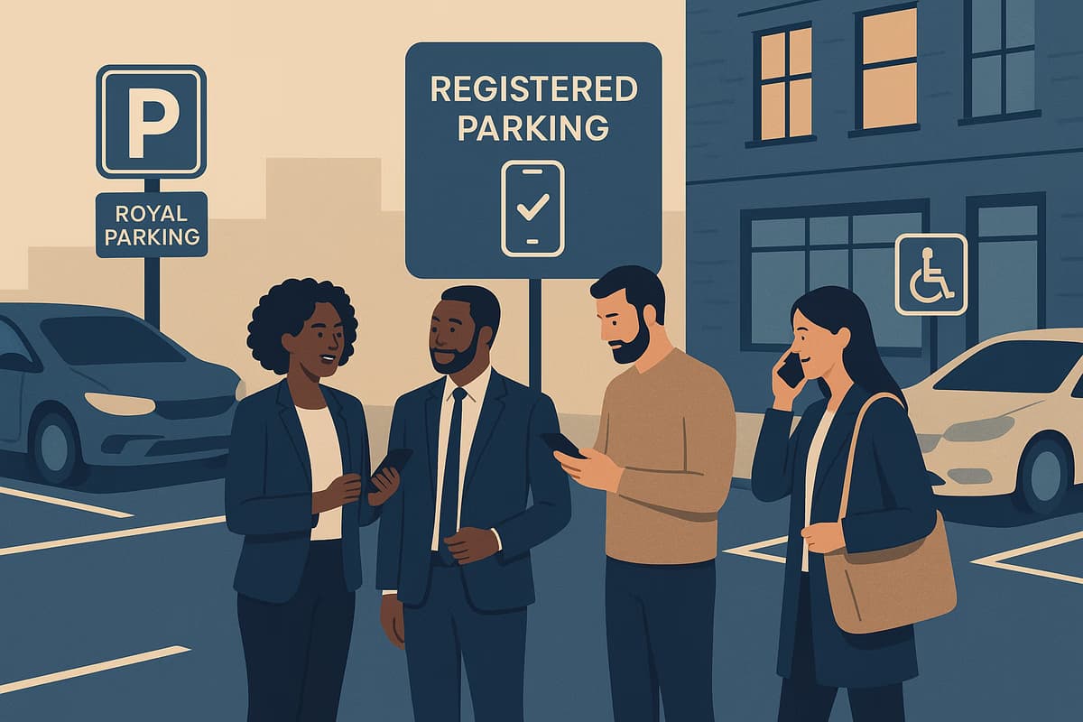 A diverse group interacting in a well-organized urban parking environment, highlighting safety and clear signage for Royal Parking services in BC.