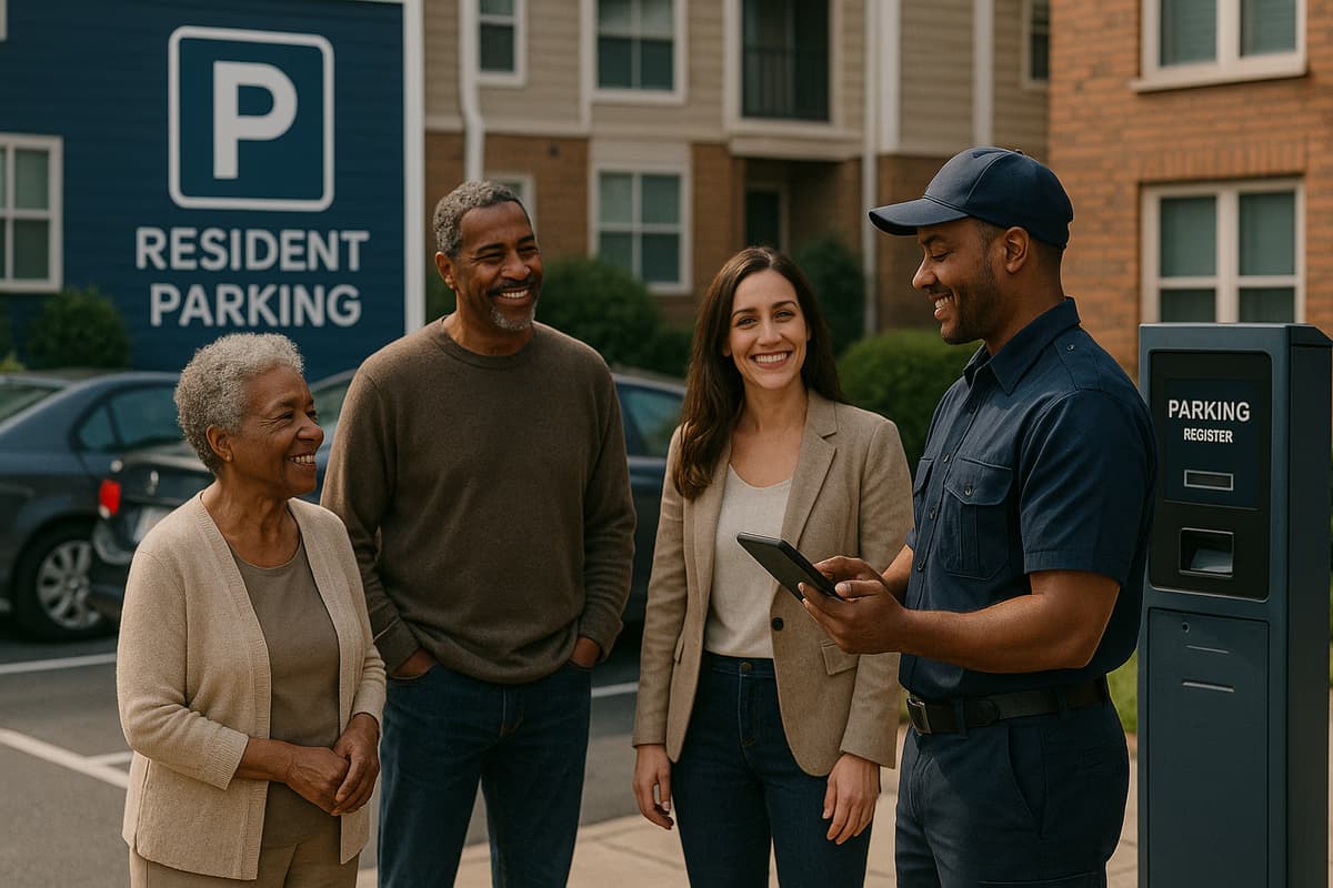 A diverse group discussing parking management in a residential area, featuring clear signage and a digital registration kiosk.